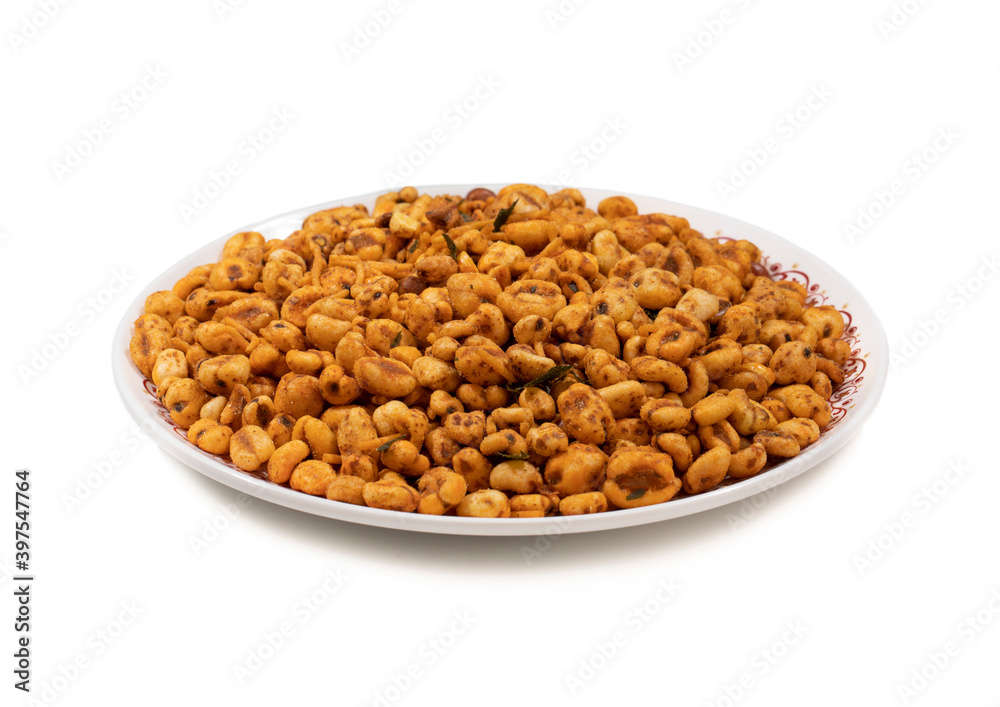 Indian Namkeen Food Puff Masala on White Background Indian Namkeen Food Puff Masala on White Background