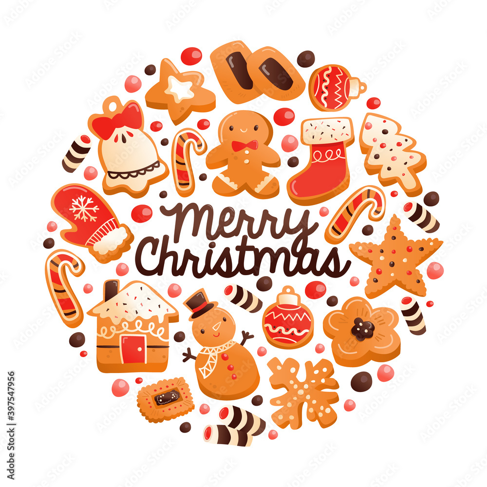 Fototapeta premium Super Cute Gingerbread Christmas Cookies Round Decorations