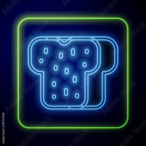 Glowing neon Bread toast for sandwich piece of roasted crouton icon isolated on blue background. Lunch, dinner, breakfast snack. Vector.