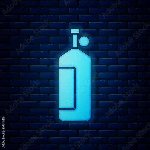 Glowing neon Aqualung icon isolated on brick wall background. Oxygen tank for diver. Diving equipment. Extreme sport. Diving underwater equipment. Vector.