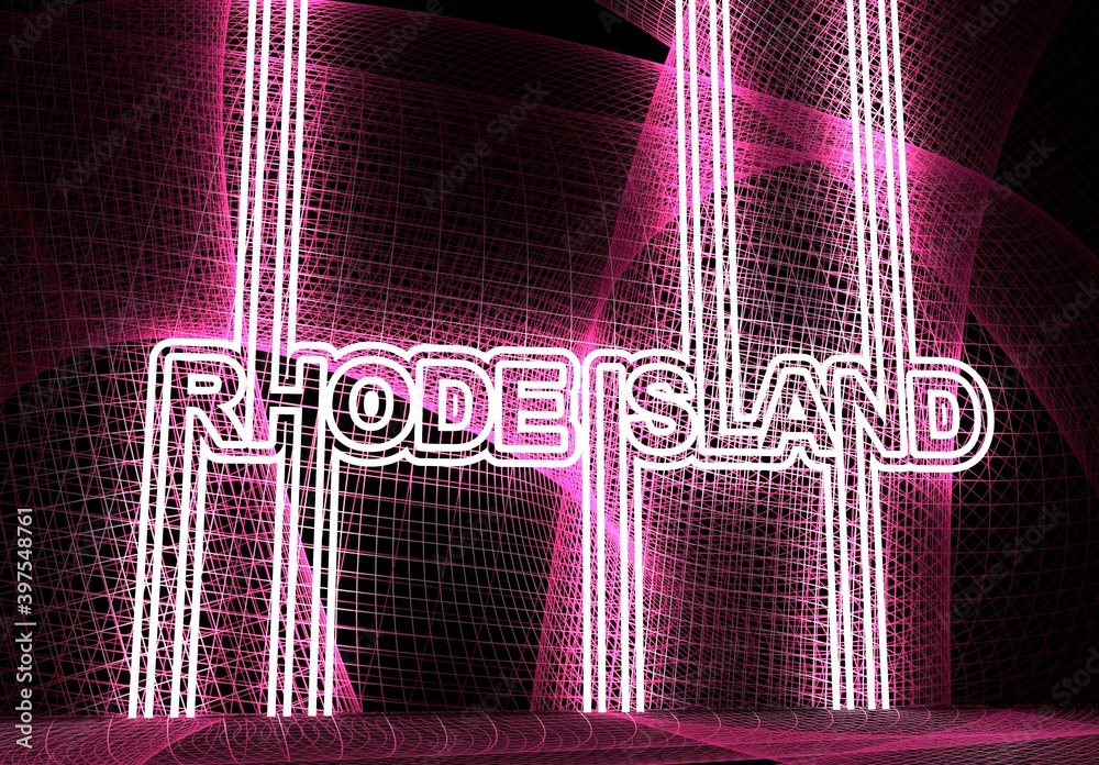 Image relative to USA travel. Rhode Island state name in geometry style design. Creative vintage typography poster concept. 3D rendering. Neon shine