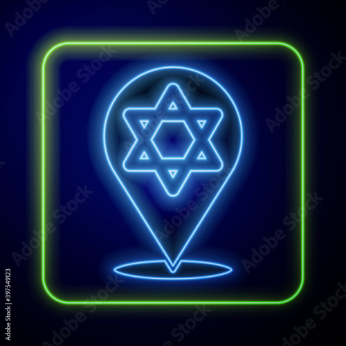 Glowing neon Star of David icon isolated on blue background. Jewish religion symbol. Symbol of Israel. Vector.