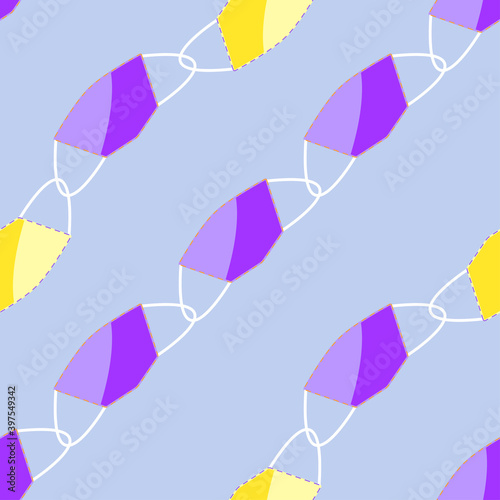Vector seamless pattern of yellow and lilac medical masks in flat style