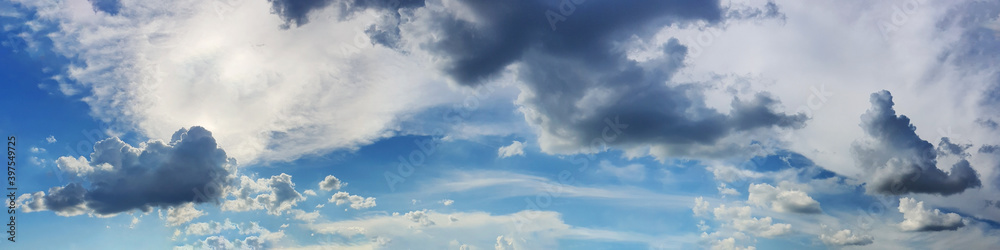 Blue sky panorama with cloud on a sunny day. Beautiful 180 degree panoramic image.