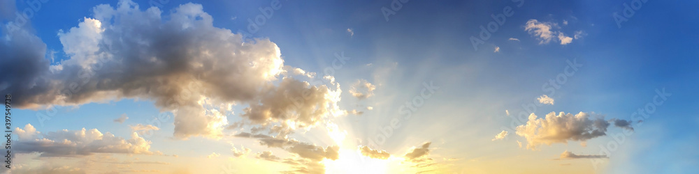 Fototapeta premium Dramatic panorama sky with cloud on sunrise and sunset time. Panoramic image.
