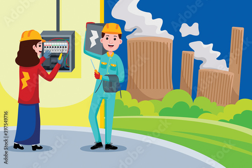 Electrician Profession with vector illlustration. Flat design with cartoon characters.