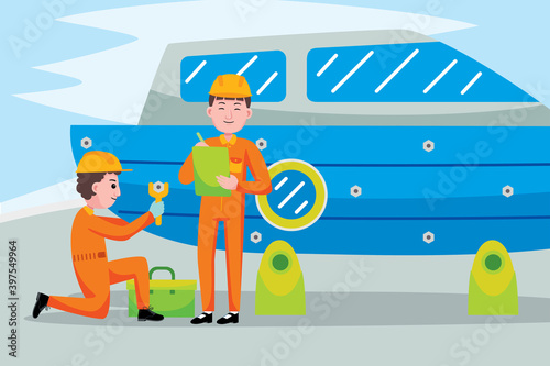 Boat Mechanic profession with vector illlustration. Flat design with cartoon characters.