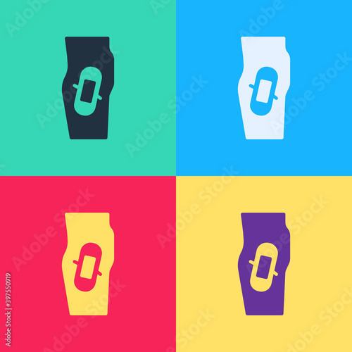 Pop art Plaster on leg icon isolated on color background. Vector.