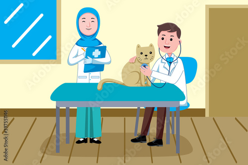 Veterinarian Profession with vector illlustration. Flat design with cartoon characters.