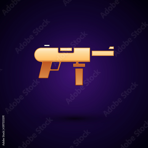 Gold Submachine gun M3, Grease gun icon isolated on black background. Vector.