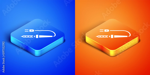 Isometric Soldering iron icon isolated on blue and orange background. Square button. Vector.
