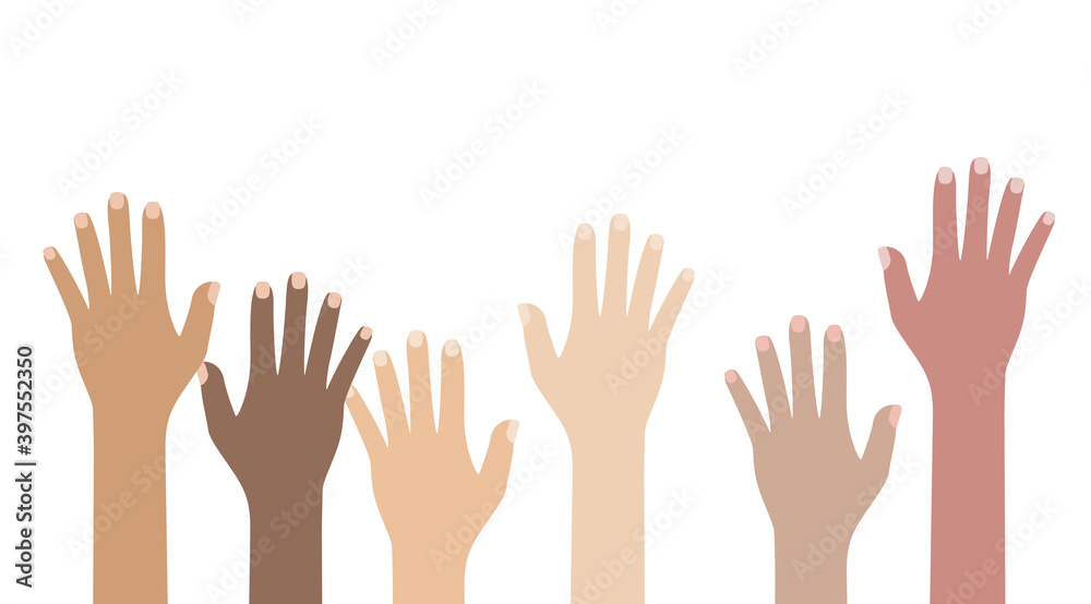 Multicultural and multiethnic people community integration concept with raised human hands. Racial equality of different culture and countries background. Vector Illustration