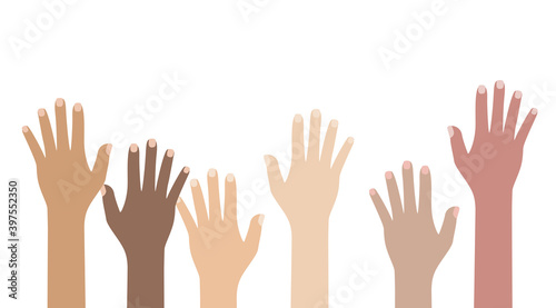 Multicultural and multiethnic people community integration concept with raised human hands. Racial equality of different culture and countries background. Vector Illustration