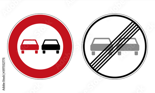 No overtaking for any vehicle type road sign and end of this ban. Vector illustration of red circular traffic signs with overtaking cars icon inside. Road signs used in Germany. No passing for car.