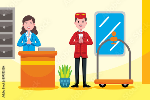 Hotel Receptionist Profession with vector illlustration. Flat design with cartoon characters.