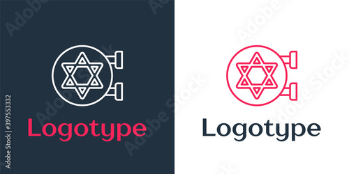 Logotype line Jewish synagogue building or jewish temple icon isolated on white background. Hebrew or judaism construction with David star. Logo design template element. Vector.
