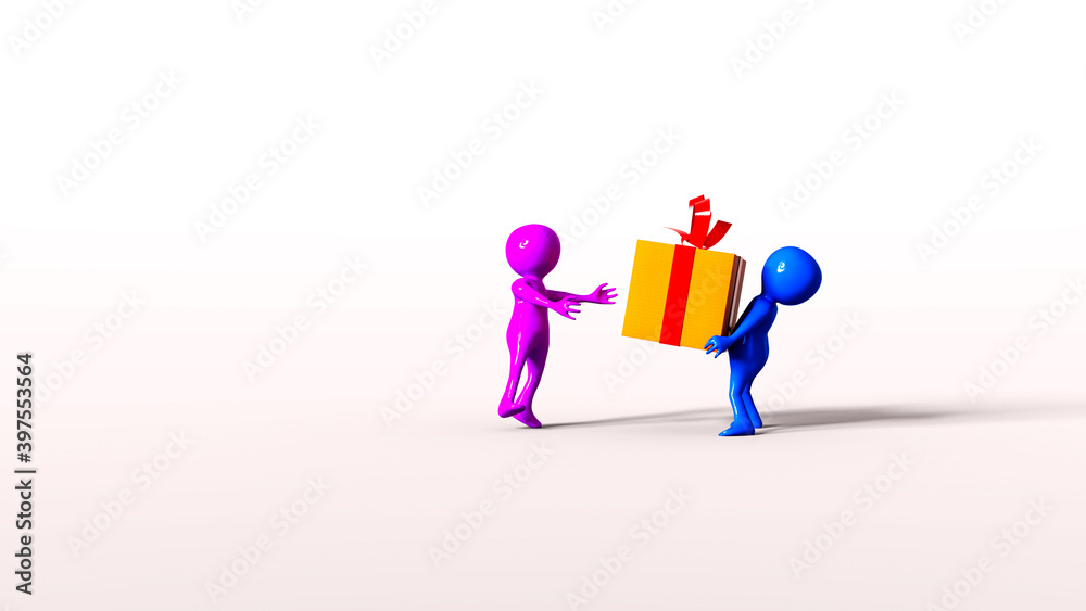 Stickman brings a present for an Stickwoman. Stickman in blue, Stickwoman in pink, isolated on a white background. 3d Illustration, 3d Renderind, 3d Art. Stickman brings a present for an Stickwoman. Stickman in blue, Stickwoman in pink, isolated on a white background. 3d Illustration, 3d Renderind, 3d Art.