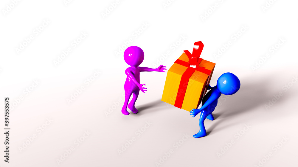 Stickman brings a present for an Stickwoman. Stickman in blue, Stickwoman in pink, isolated on a white background. 3d Illustration, 3d Renderind, 3d Art.