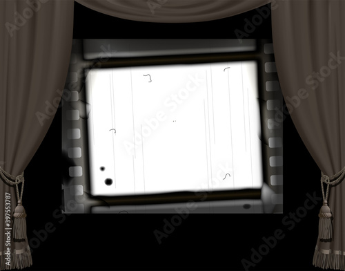 Curtain frame in a retro cinema hall and white screen with a vintage spoiled film strip on black