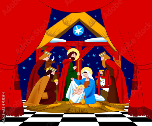 Scene of the Nativity of Christ and Adoration of the Magi in frame of red curtain