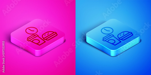 Isometric line Fast food time icon isolated on pink and blue background. Square button. Vector.