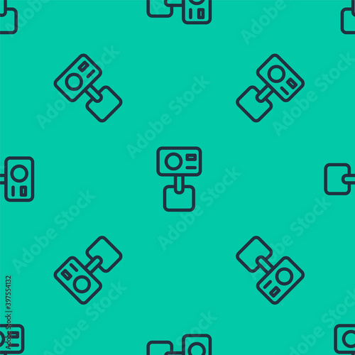 Blue line Action extreme camera icon isolated seamless pattern on green background. Video camera equipment for filming extreme sports. Vector.
