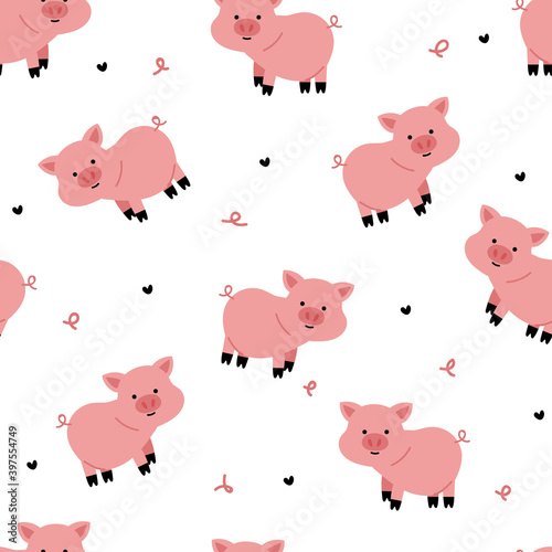 Seamless pattern with cartoon pig. for fabric print, textile, gift wrapping paper. colorful vector for kids, flat style © PIPIOREN
