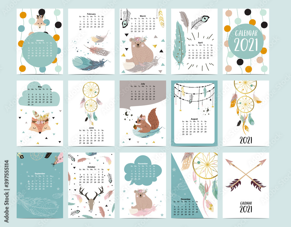 Obraz premium Cute animal calendar 2021 with bear, feather, dreamcatcher for children, kid, baby.Can be used for printable graphic