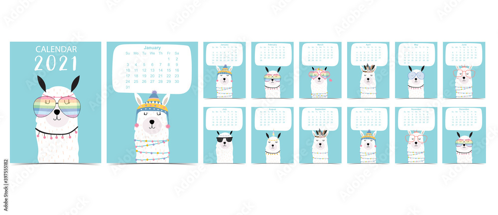 Doodle pastel calendar set 2021 with llama for children.Can be used for printable graphic.Editable element