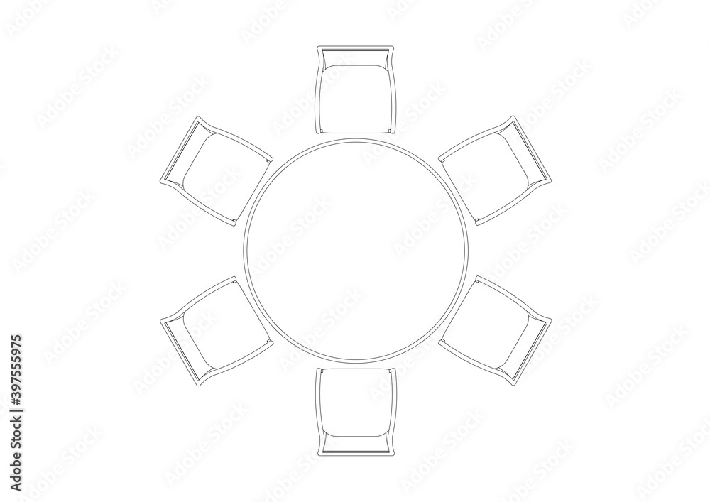 CAD drawing of round banquet table complete with single chairs around. The 2D image is black and white.
CAD drawing of round banquet table complete with single chairs around. The 2D image is black and white.
