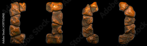 Set of rocky symbols left and right square bracket and left, right parentheses . Font of stone on black background. 3d