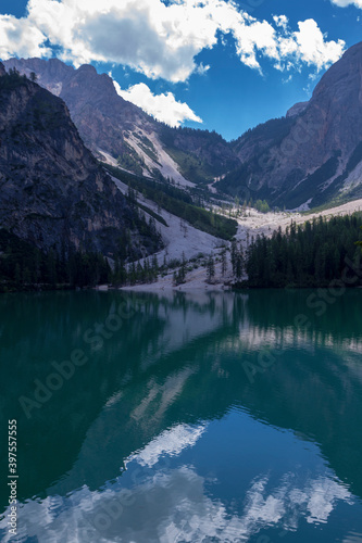 Fototapeta Naklejka Na Ścianę i Meble -  Reflections in the Braies lake in the Dolomites mountains