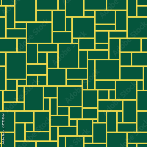 Vector seamless pattern in rectangular and square tiles. Elegant dark green geometrical seamless pattern. Can be used in textile, print, wrapping, and other surface design. Line width is changeable.