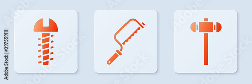 Set Hacksaw, Metallic screw and Sledgehammer. White square button. Vector.