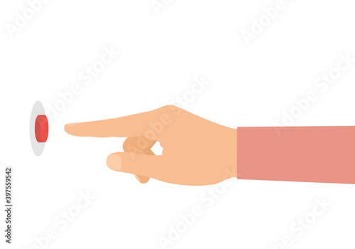 Flat design illustration of male or female hand. The index finger presses the red doorbell button on the wall. Isolated on white background, vector