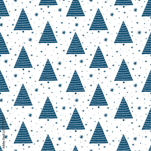Seamless pattern of cute blue doodle Christmas trees and snowflakes on white. Symbol of Christmas, New Year. Hand drawn holiday winter clipart. Vector background for fabric, textile, gift wrapping.