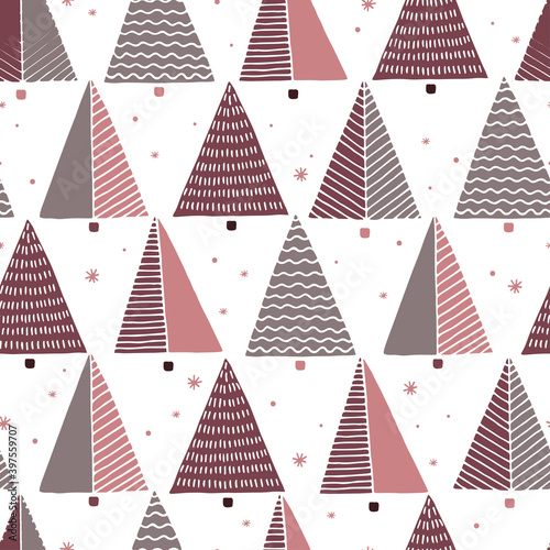 Seamless pattern of cute pink doodle Christmas trees and snowflakes on white. Symbol of Christmas, New Year. Hand drawn holiday winter clipart. Vector background for fabric, textile, gift wrapping.