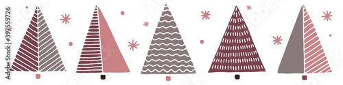 Vector illustration. Set of cute geometric Christmas trees and snowflakes isolated on white. Holiday decoration elements. Hand drawn simple doodle clipart. For collage, card, banner, gift wrapping