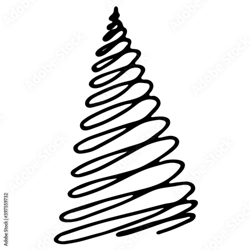 Vector illustration. Swirled Christmas tree isolated on white. Holiday Сhristmas and New year decoration design element. Hand drawn fir doodle clipart. For collage, card, poster, banner, gift wrapping