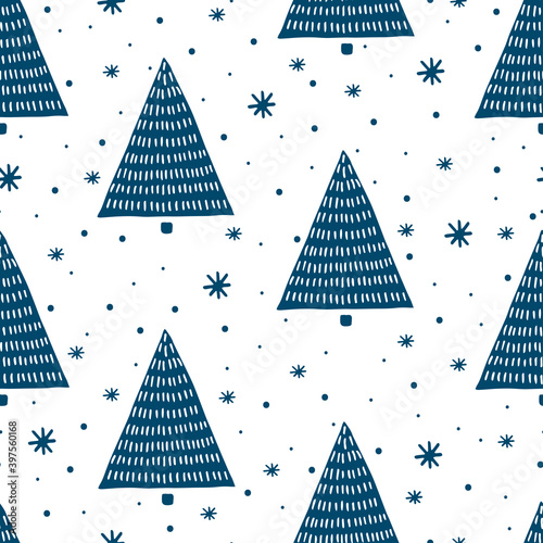 Seamless pattern of cute blue doodle Christmas trees and snowflakes on white. Symbol of Christmas, New Year. Hand drawn holiday winter clipart. Vector background for fabric, textile, gift wrapping.