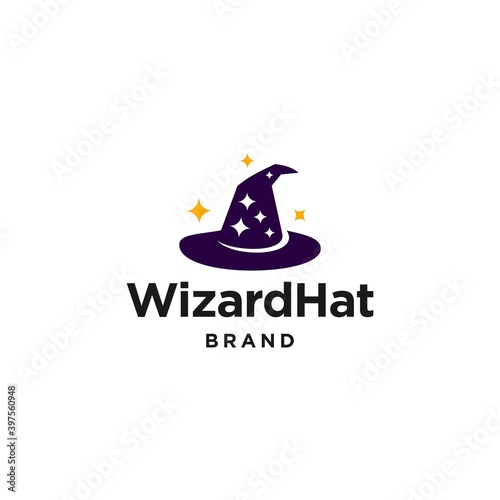 wizard hat icon logo vector design illustration with stars and blink, witch classic Halloween hat 