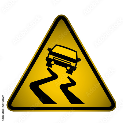 Vector - Slippery road warning sign with skidding car on yellow background