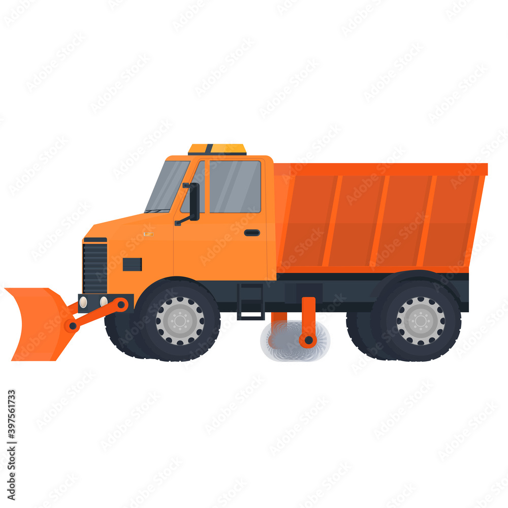 Snow plow truck. Special car, vector illustration