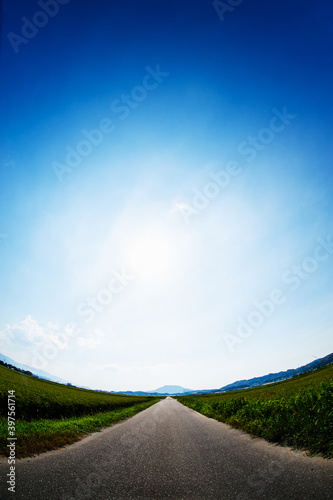 一本の道と空と太陽