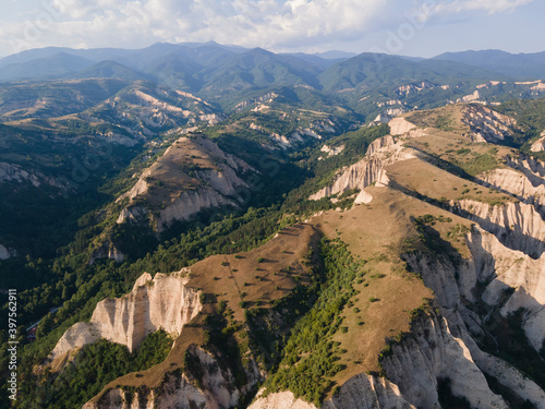 Aerial sunset view of Melnik sand pyramids  Bulgaria