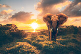 Elephand in the sunset. He stands in a meadow in front of the sea or a lake. African elephand in the sunset. the exhausting mood of a backlit picture