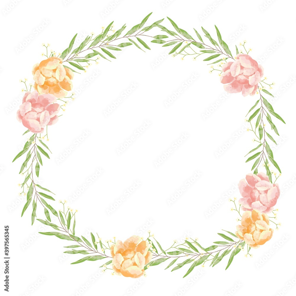 優しいタッチの薔薇と勿忘草とユーカリのフレーム 優しいタッチの薔薇と勿忘草とユーカリのフレーム