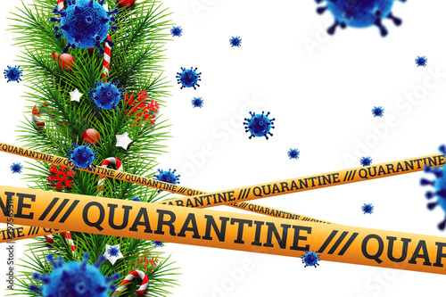 Christmas background under the tape with the inscription quarantine and flying viruses. Holiday at home, self-isolation, pandemic, covid-19. 3D illustration, 3D render.
