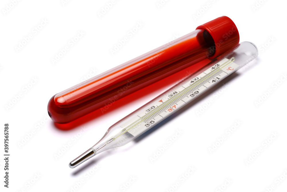Blood test tube and thermometer isolated on white background Blood test tube and thermometer isolated on white background