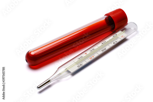 Blood test tube and thermometer isolated on white background